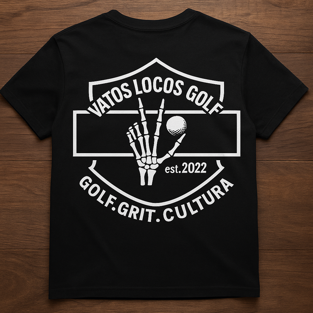 “Vatos Locos Golf – Harley Badge Rocker Tee (est. 2022)