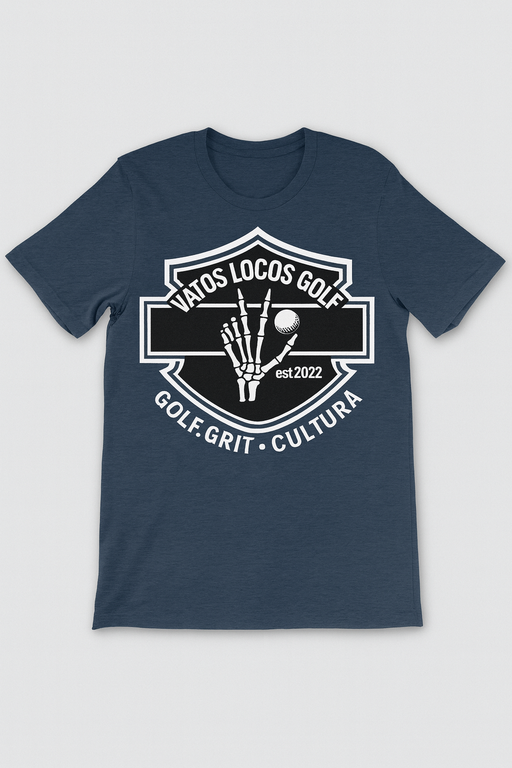 “Vatos Locos Golf – Harley Badge Rocker Tee (est. 2022)