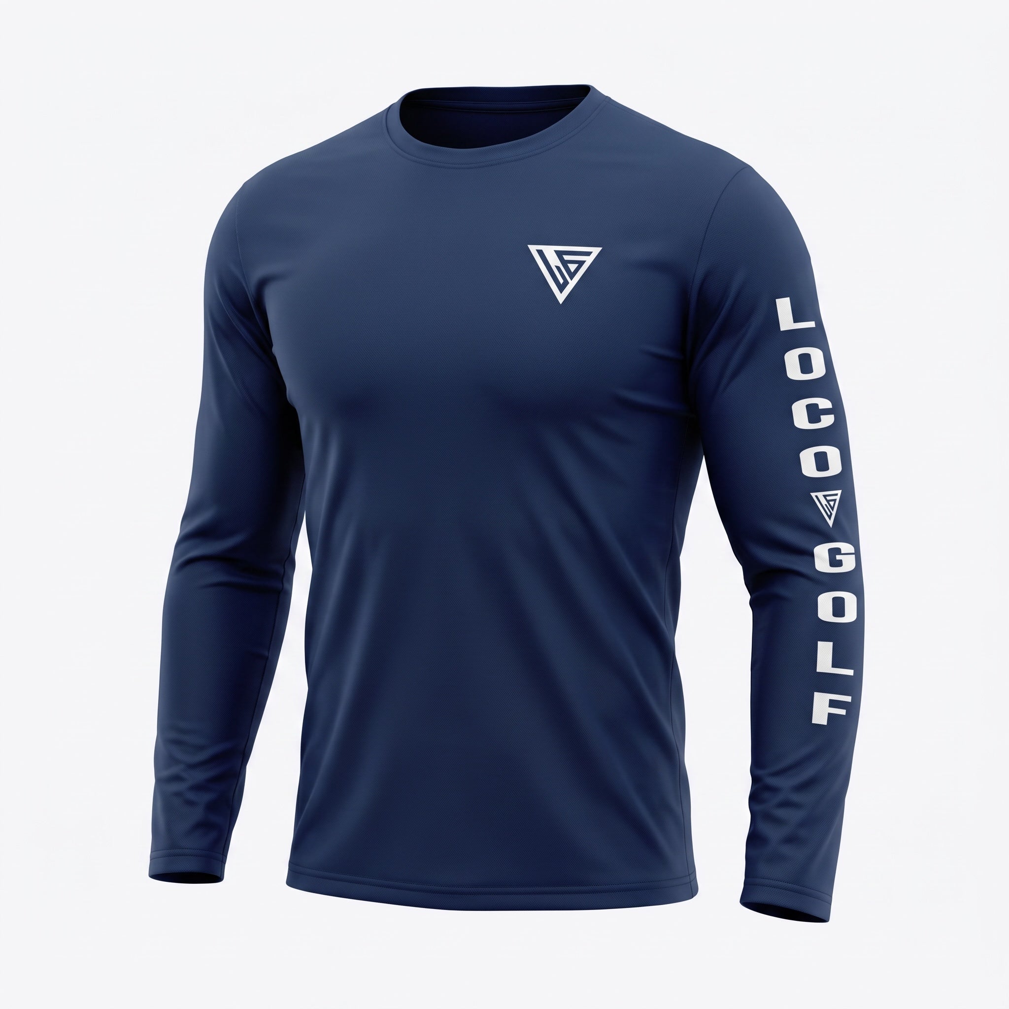 Vatos Locos Golf navy long sleeve performance crewneck shirt with white sleeve branding and chest logo