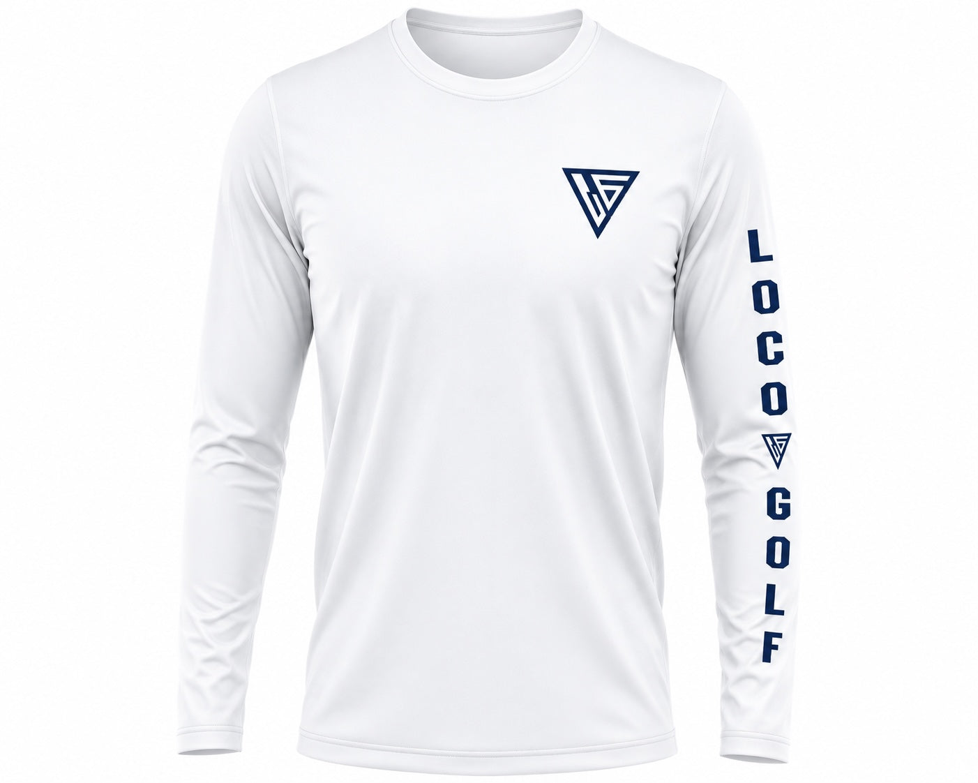 Vatos Locos Golf white long sleeve performance crewneck shirt with navy blue logo on chest and sleeve